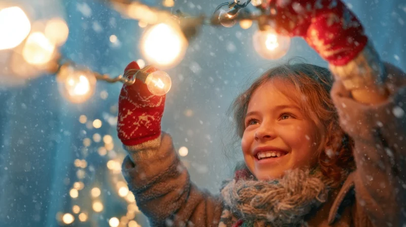 Young girl smiling while holding string lights in snowy winter evening outdoors