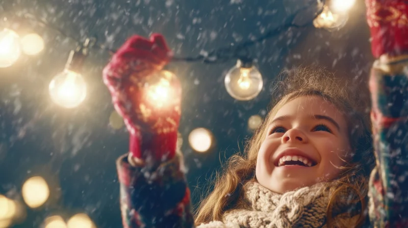 Girl smiling up at glowing string lights in falling snow at night