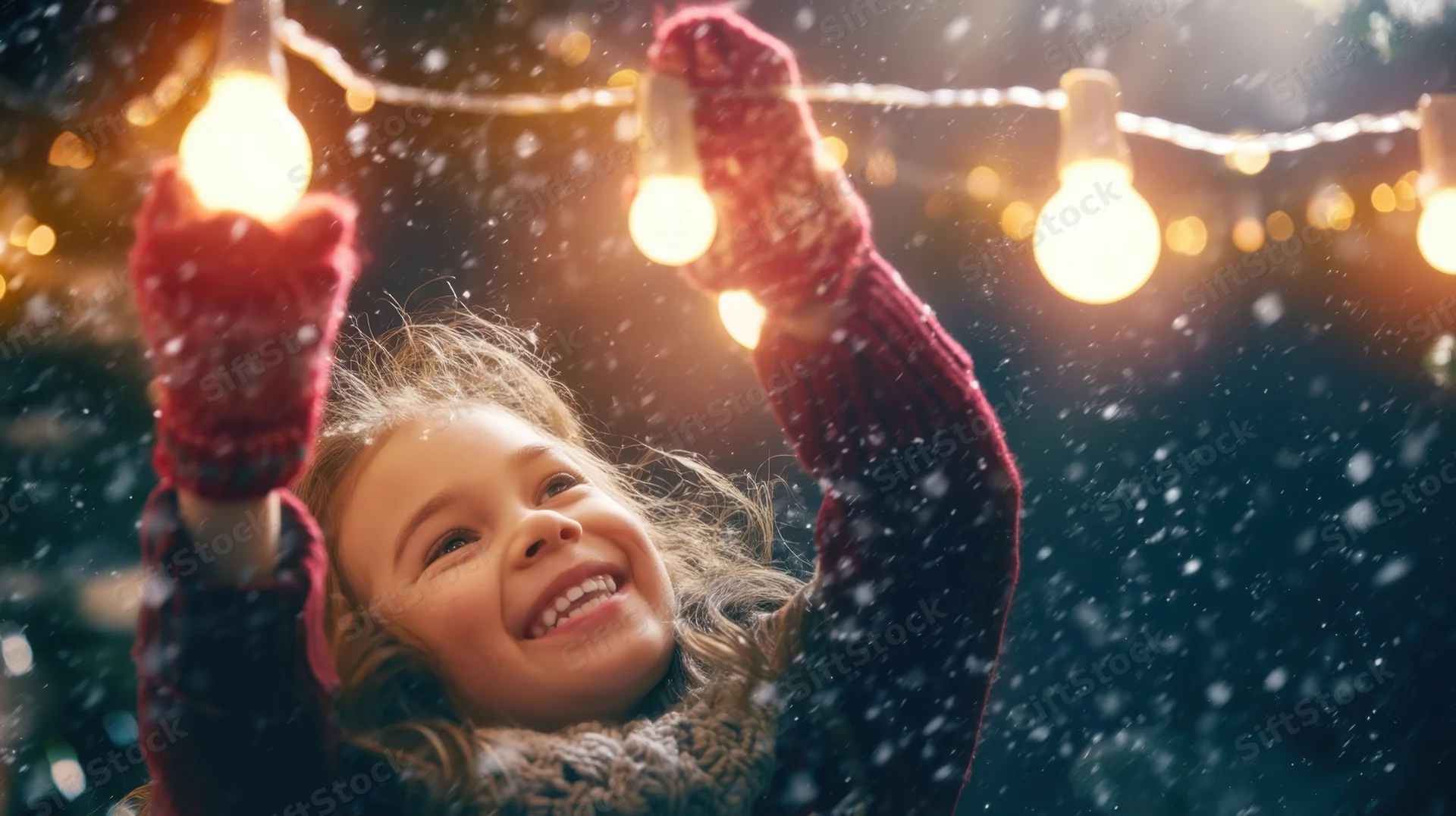 Young girl smiling while holding glowing string lights in falling snow at night