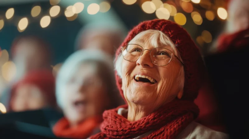 Senior woman laughing joyfully in a festive outdoor gathering with holiday lights in the background