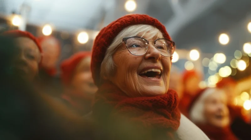 Senior woman laughing joyfully in a festive outdoor christmas gathering wearing red hat and scarf