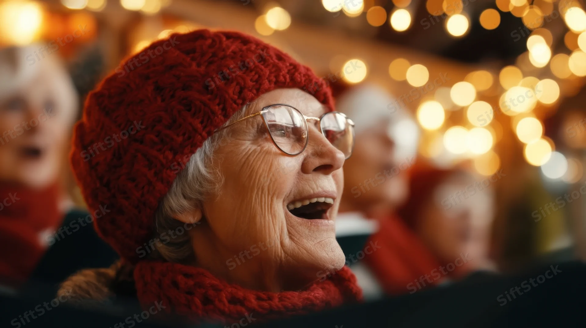 Senior woman laughing and singing in a festive holiday choir gathering indoors