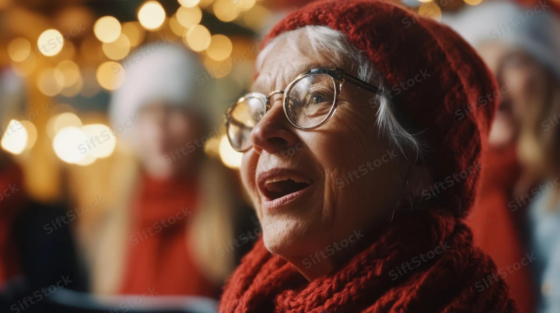 Senior woman singing joyfully in a festive outdoor christmas gathering wearing red hat and scarf