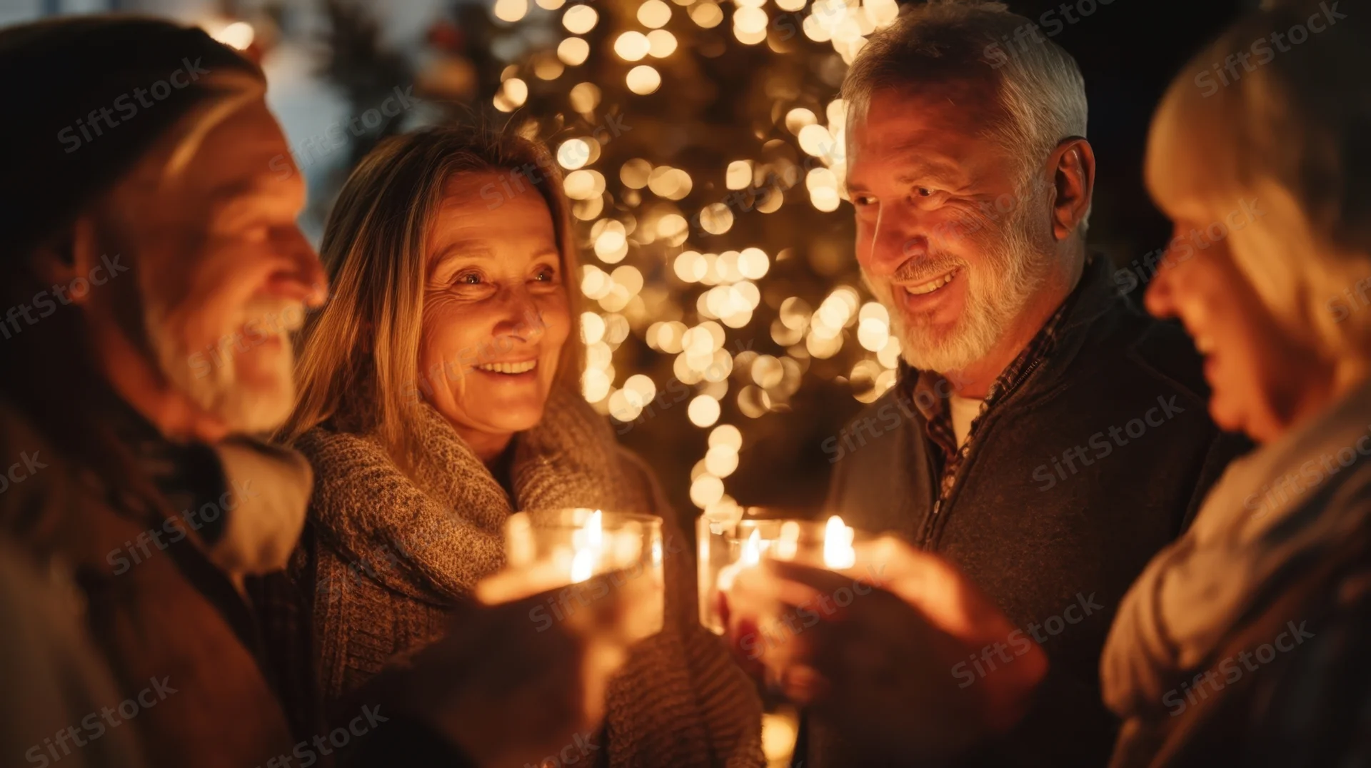 Four smiling seniors holding candles together outdoors at night with a lit christmas tree in the background
