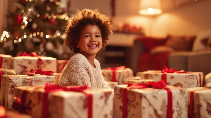 Young girl smiling among wrapped gifts in a cozy living room with a decorated christmas tree in the background