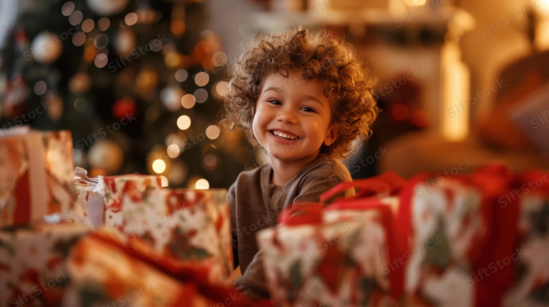 Young child smiling among wrapped gifts in front of a decorated christmas tree indoors