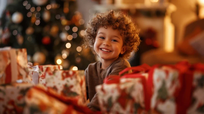 Young child smiling among wrapped gifts in front of a decorated christmas tree indoors