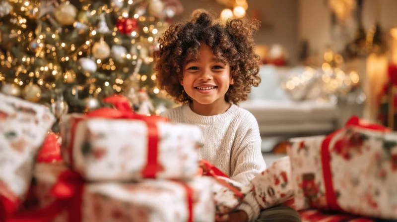 Young girl smiling among wrapped gifts under a decorated christmas tree in a cozy home setting