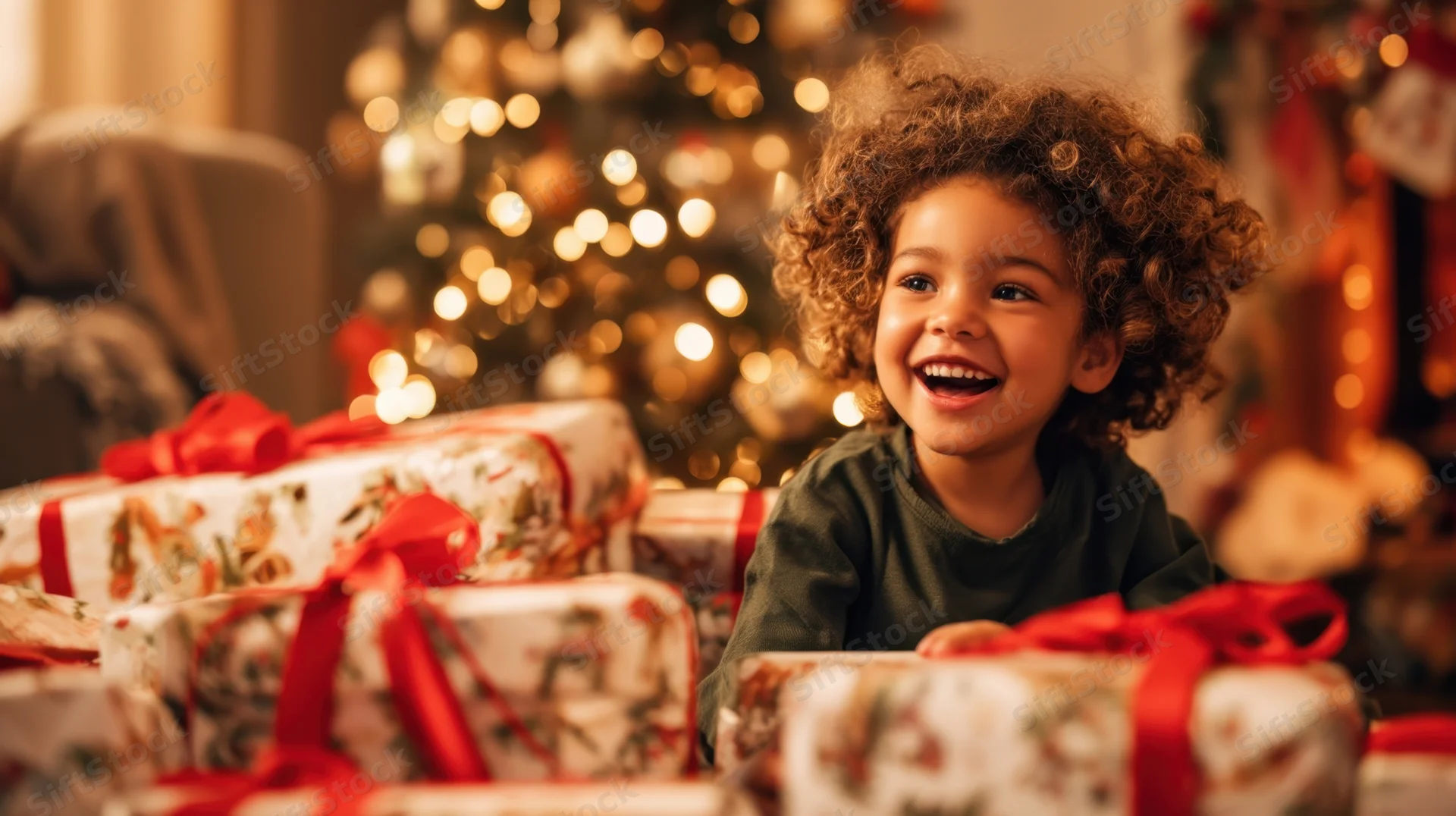 Young child smiling joyfully among wrapped gifts in front of a lit christmas tree