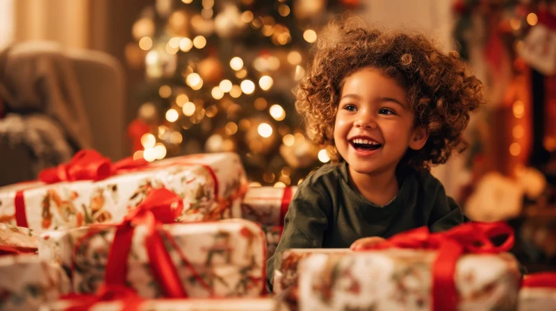 Young child smiling joyfully among wrapped gifts in front of a lit christmas tree
