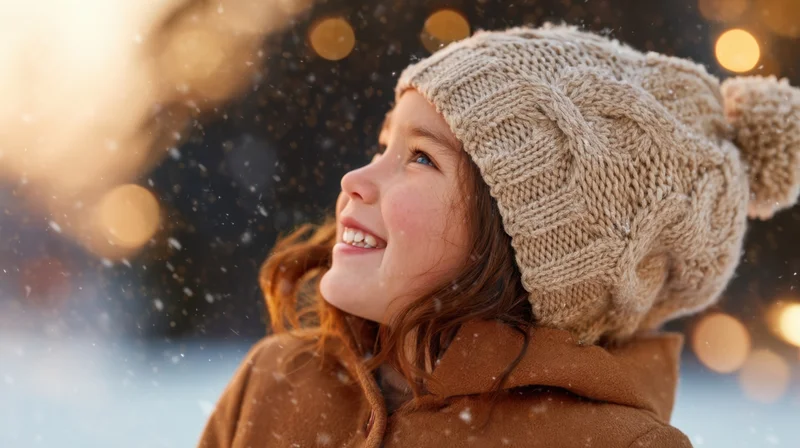 Girl smiling in snowfall wearing knit hat and brown coat outdoors