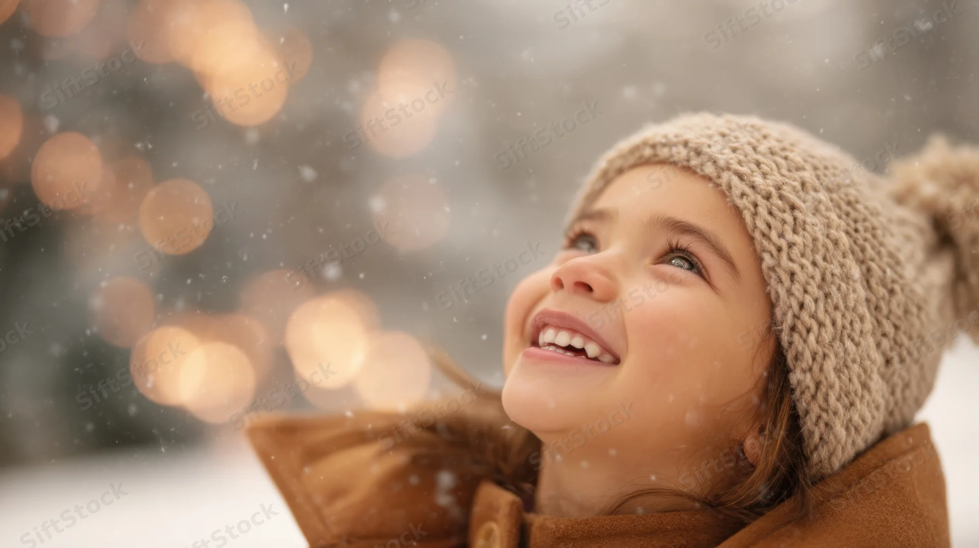 Girl smiling in snow wearing knit hat and brown coat outdoors