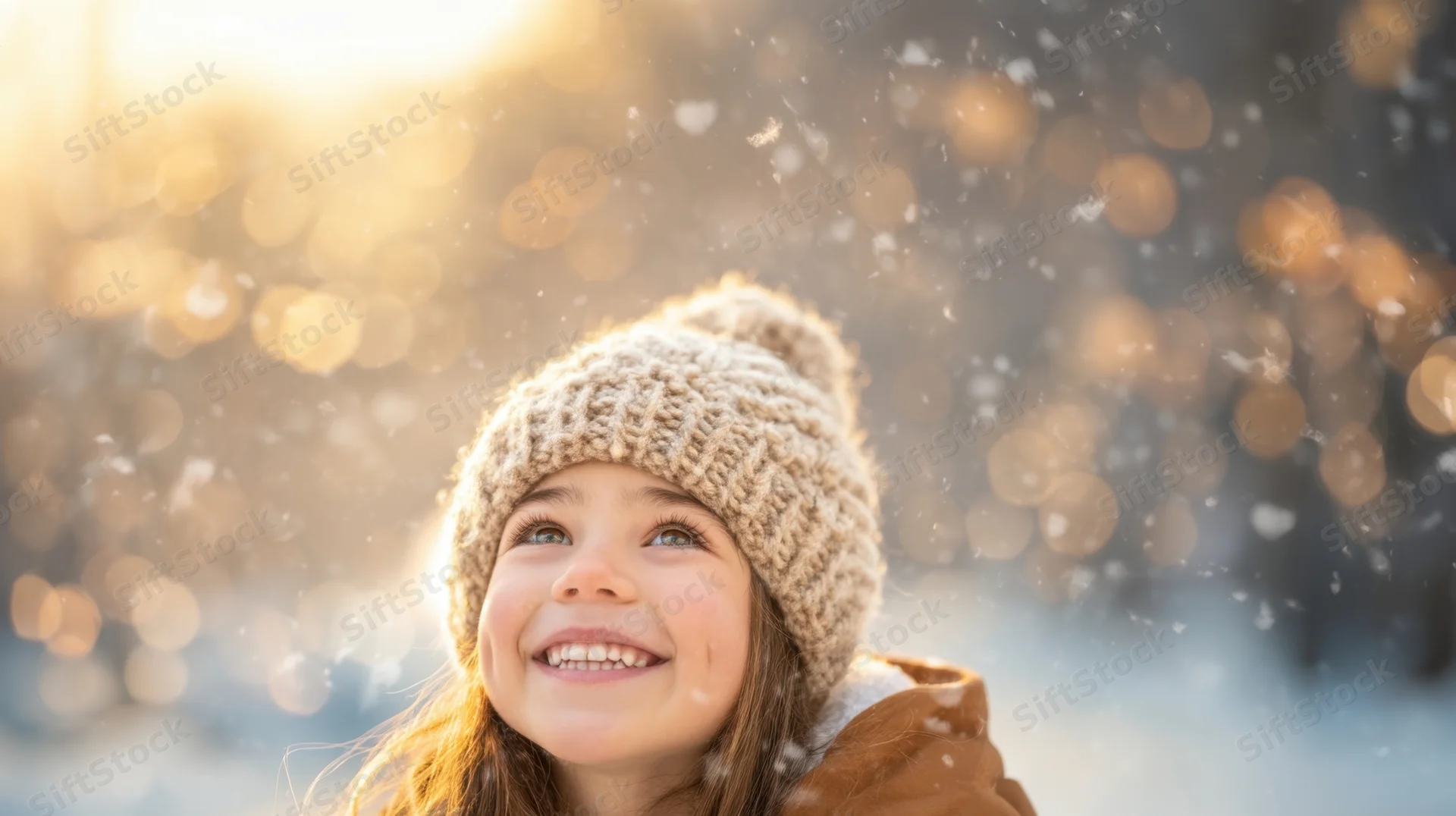 Young girl smiling in snowfall outdoors wearing knit hat and coat