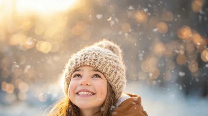 Young girl smiling in snowfall outdoors wearing knit hat and coat