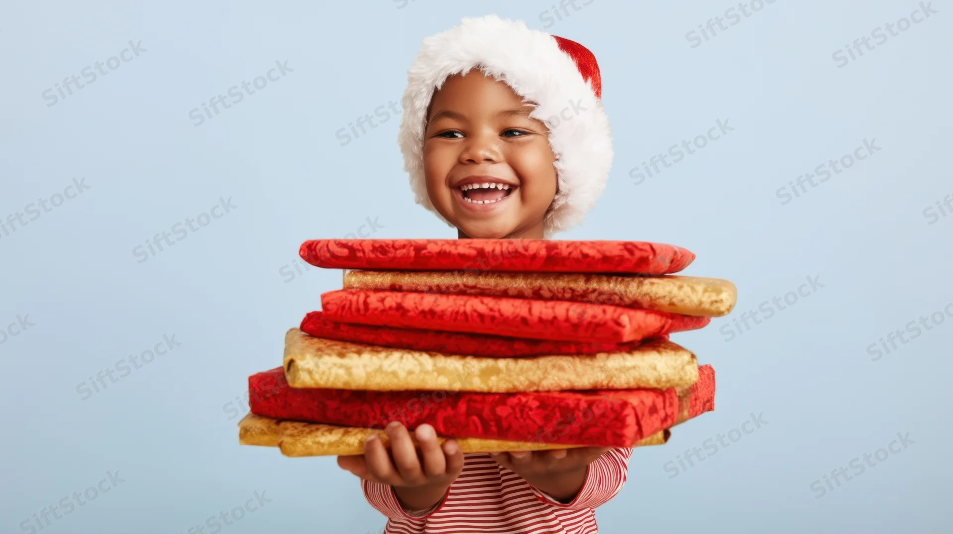 Child in santa hat holding stack of wrapped gifts against blue background