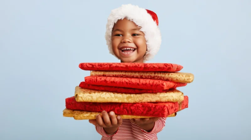 Child in santa hat holding stack of wrapped gifts against blue background