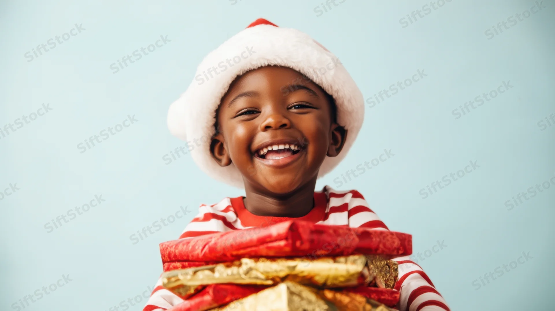 Smiling child in santa hat holding wrapped gifts against light blue background