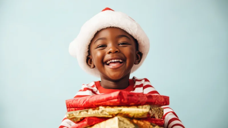 Smiling child in santa hat holding wrapped gifts against light blue background