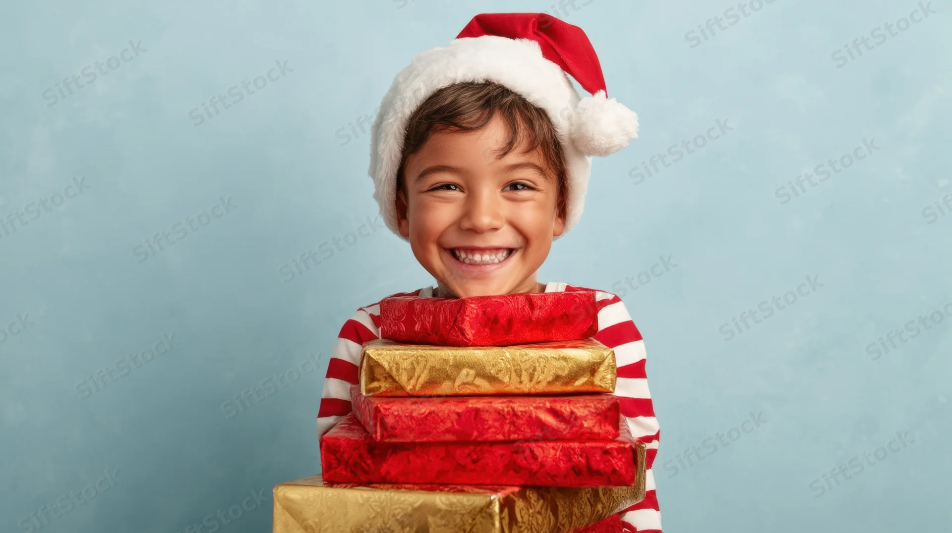 Smiling child in santa hat holding stack of wrapped gifts against blue background