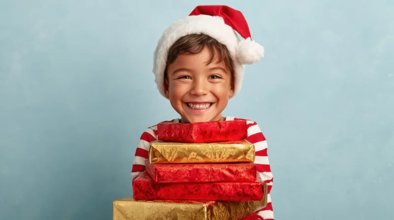 Smiling child in santa hat holding stack of wrapped gifts against blue background