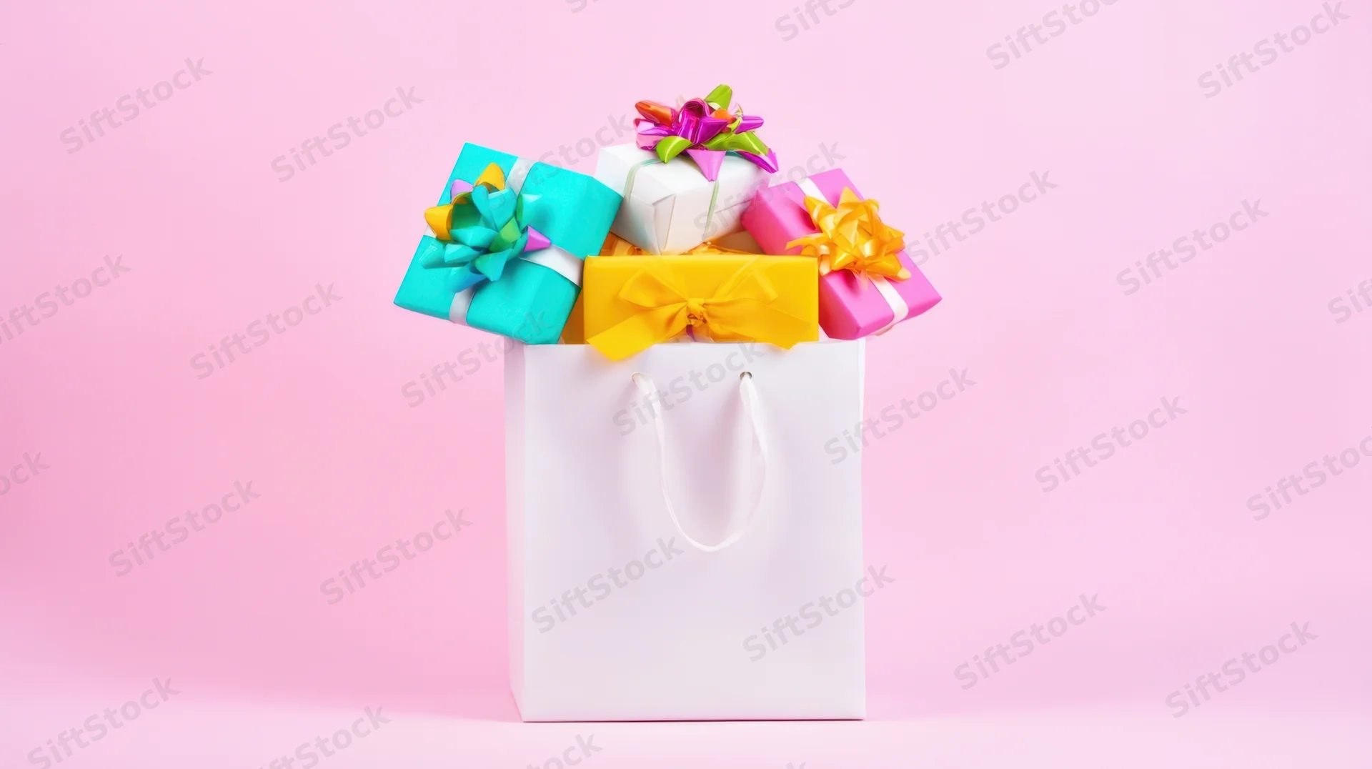 White shopping bag filled with colorful wrapped gifts on pink background