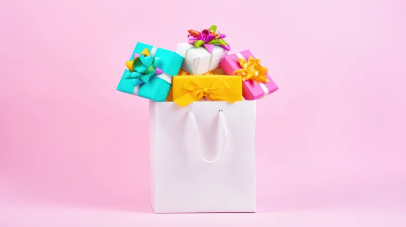 White shopping bag filled with colorful wrapped gifts on pink background