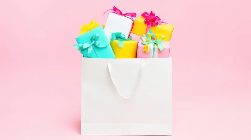White shopping bag filled with colorful wrapped gifts on pink background