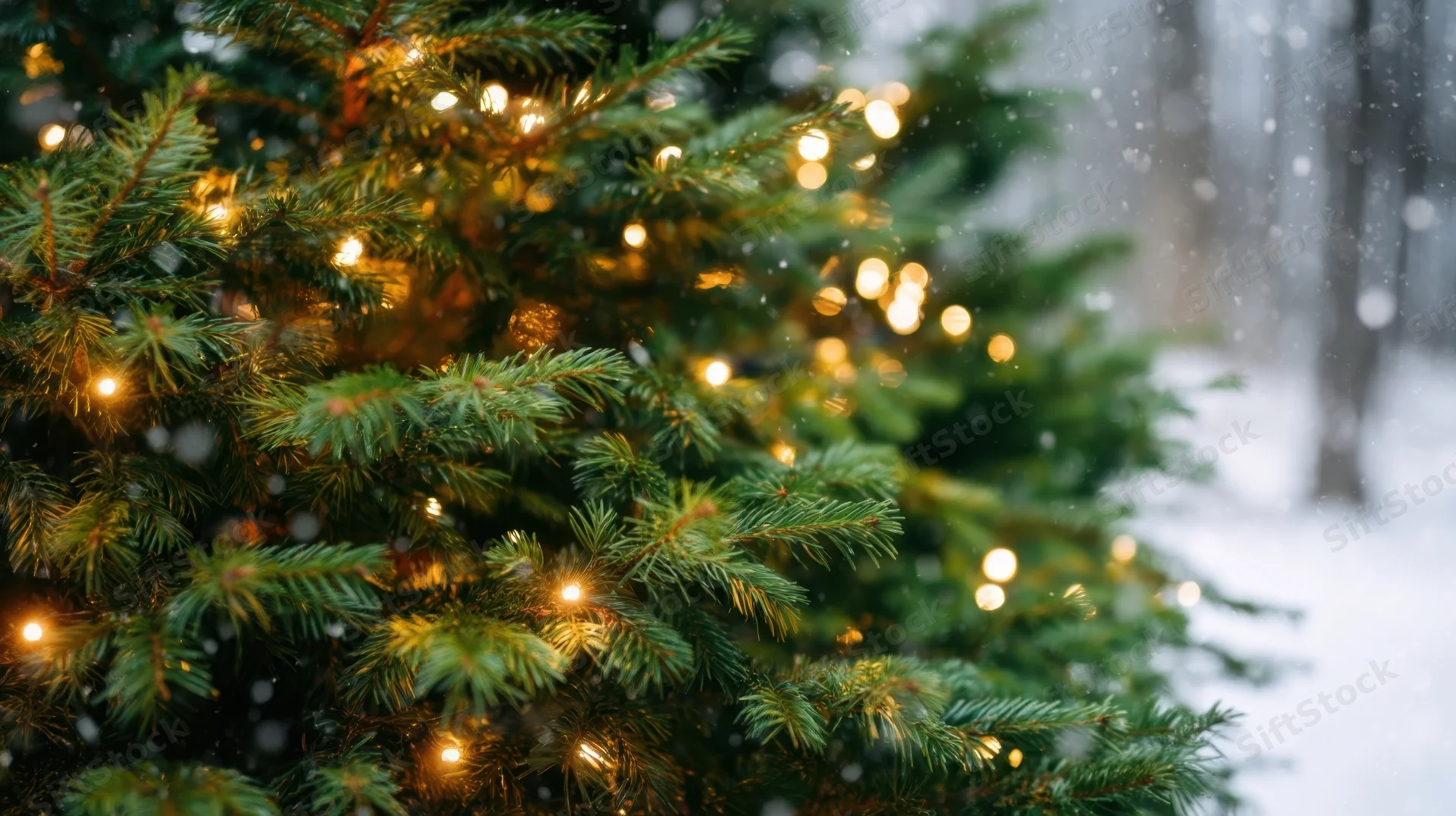 Close-up of a decorated evergreen tree with warm lights glowing in falling snow in a snowy forest