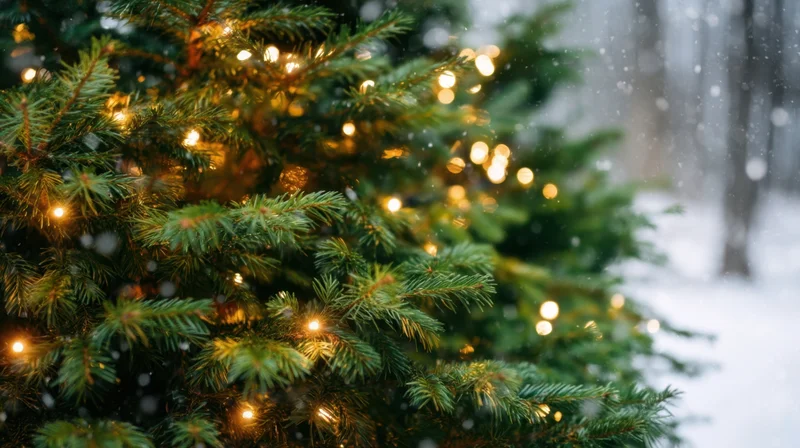 Close-up of a decorated evergreen tree with warm lights glowing in falling snow in a snowy forest