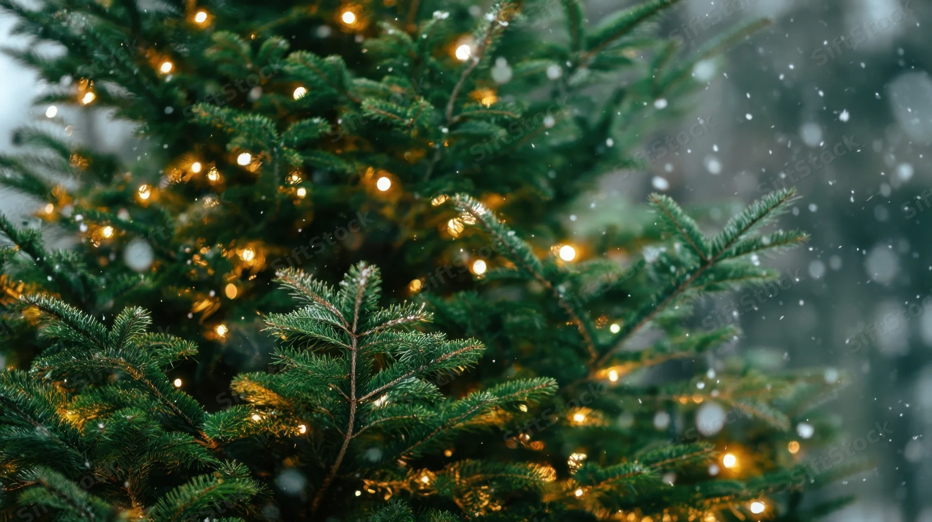 Close-up of a decorated evergreen tree with warm lights glowing in falling snow
