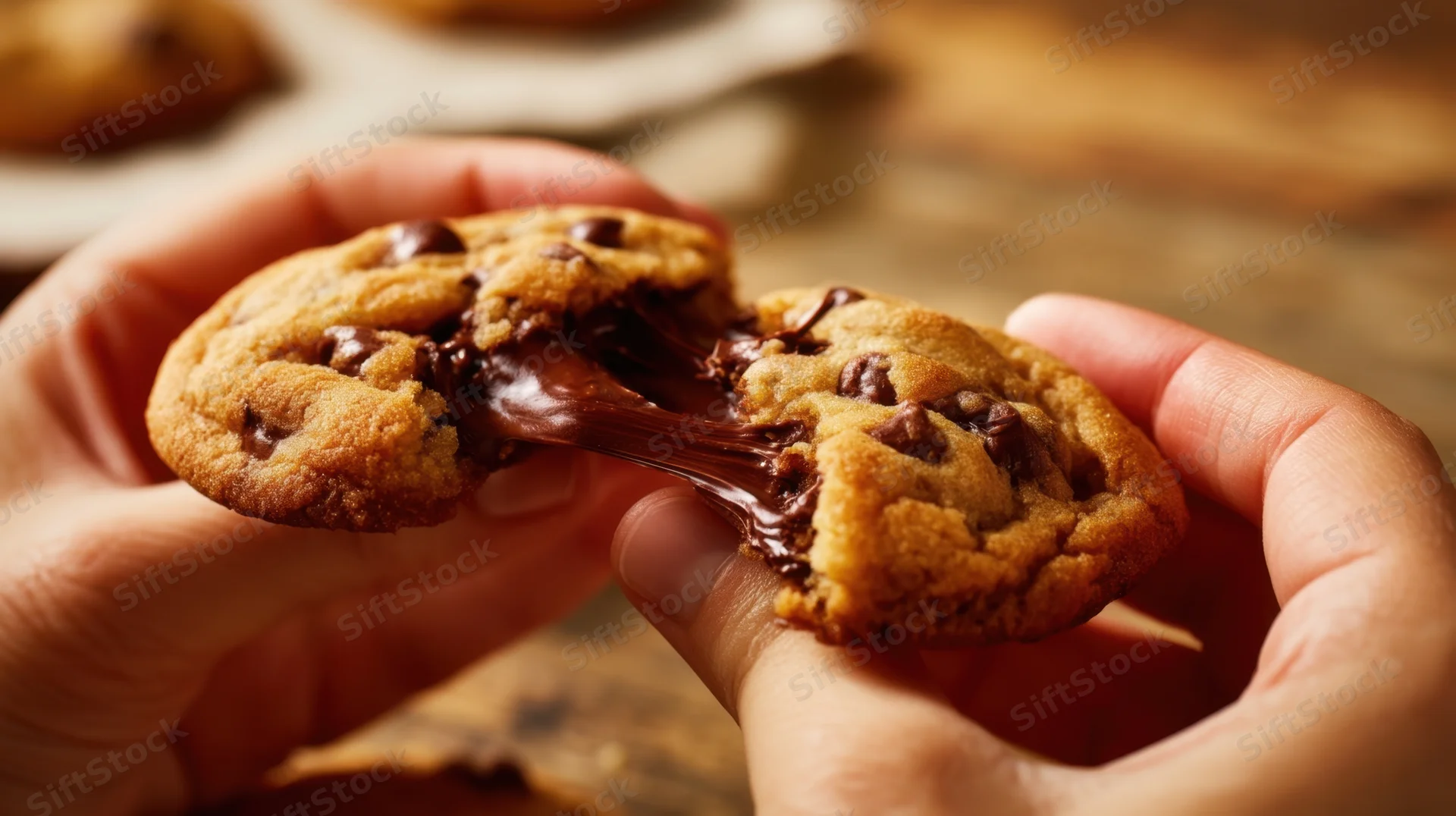 Hands breaking a chocolate chip cookie to reveal gooey chocolate filling on wooden surface