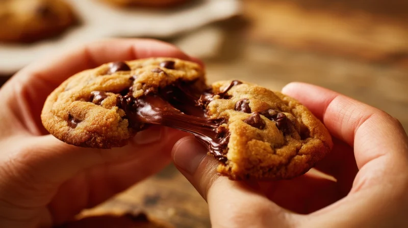 Hands breaking a chocolate chip cookie to reveal gooey chocolate filling on wooden surface