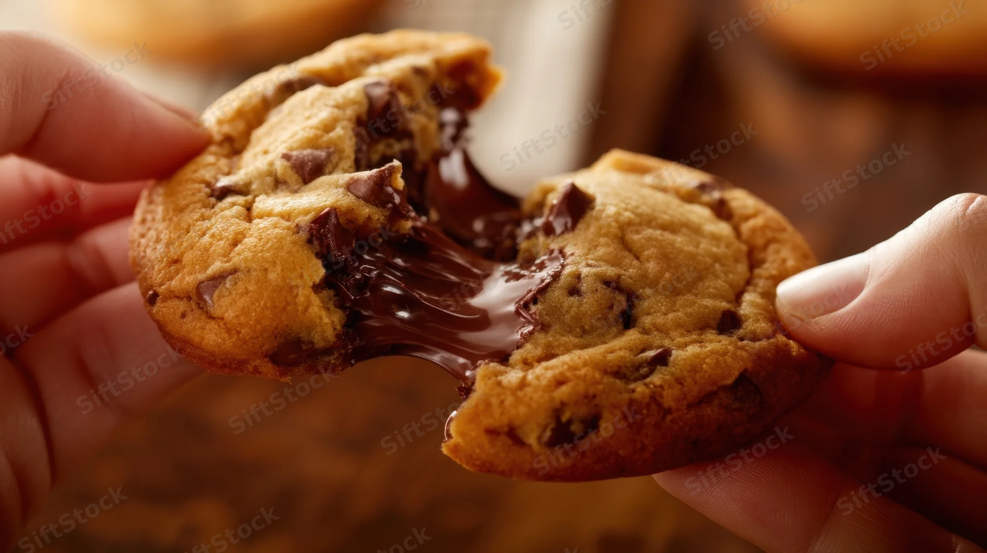 Hands breaking a warm chocolate chip cookie to reveal gooey chocolate filling