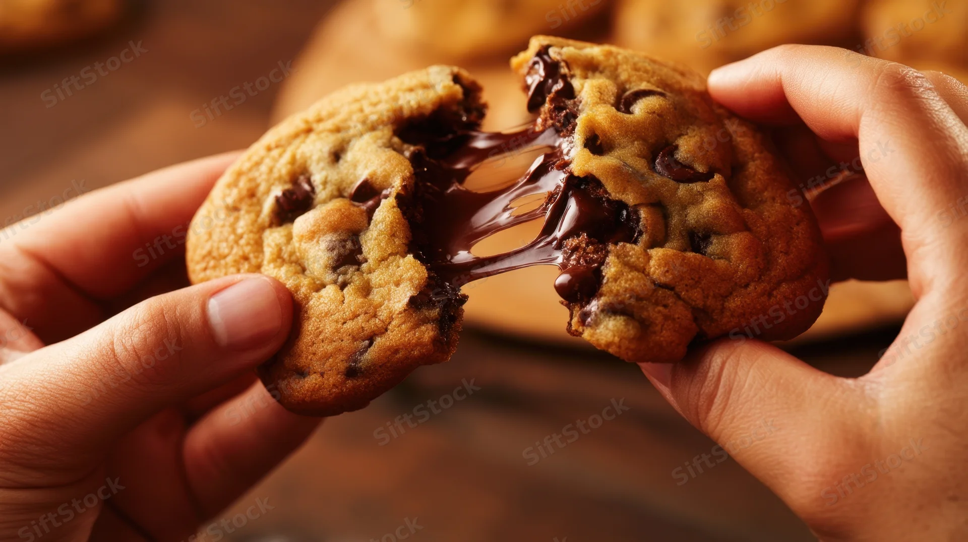 Hands breaking a warm chocolate chip cookie to reveal gooey chocolate filling