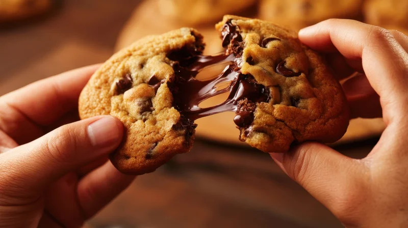Hands breaking a warm chocolate chip cookie to reveal gooey chocolate filling