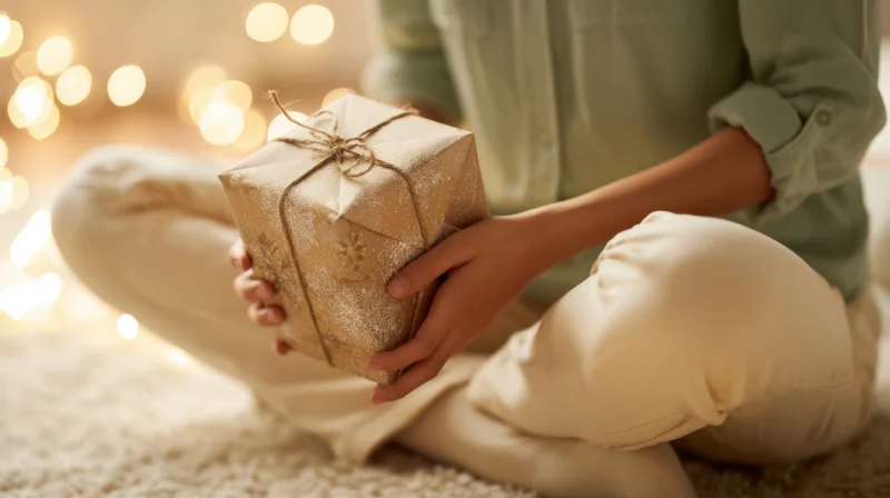 Woman sitting on carpet holding wrapped gift with twine bow, warm bokeh lights in background