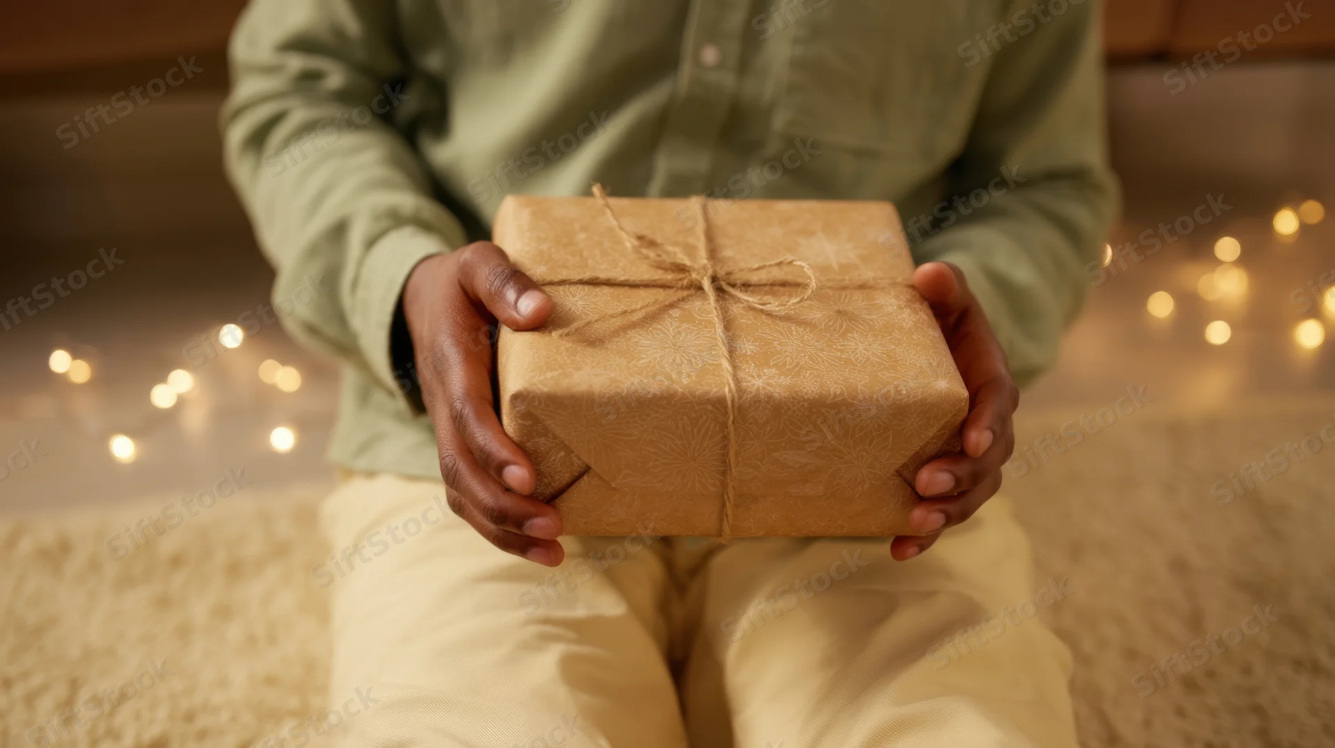Man holding wrapped gift box with twine bow in cozy indoor setting with string lights