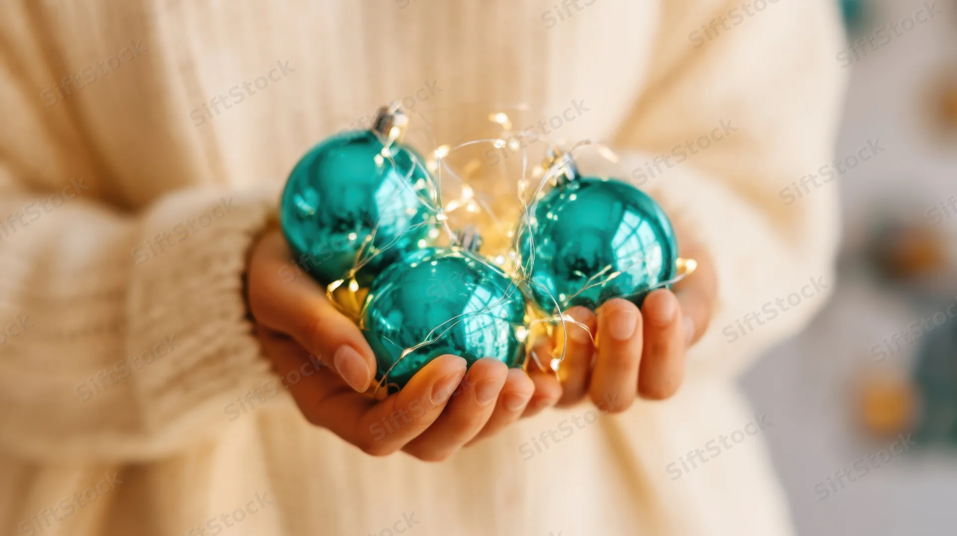 Woman holding teal christmas ornaments with fairy lights in her hands