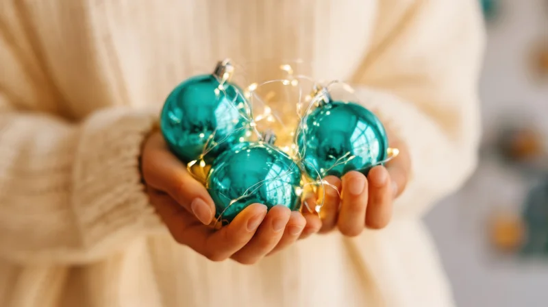 Woman holding teal christmas ornaments with fairy lights in her hands