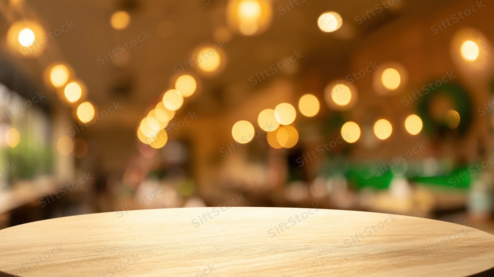 Round wooden table in focus with blurred restaurant interior and warm bokeh lights in background