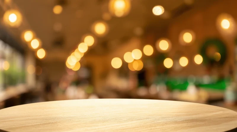 Round wooden table in focus with blurred restaurant interior and warm bokeh lights in background