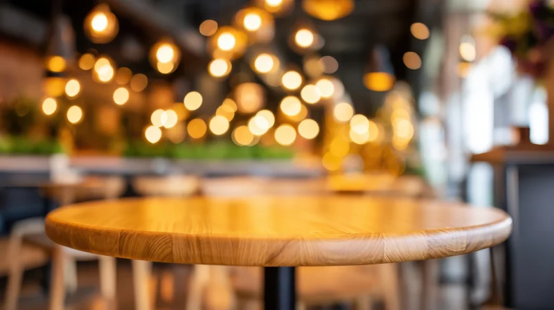 Round wooden table in a warmly lit restaurant interior with blurred background lights