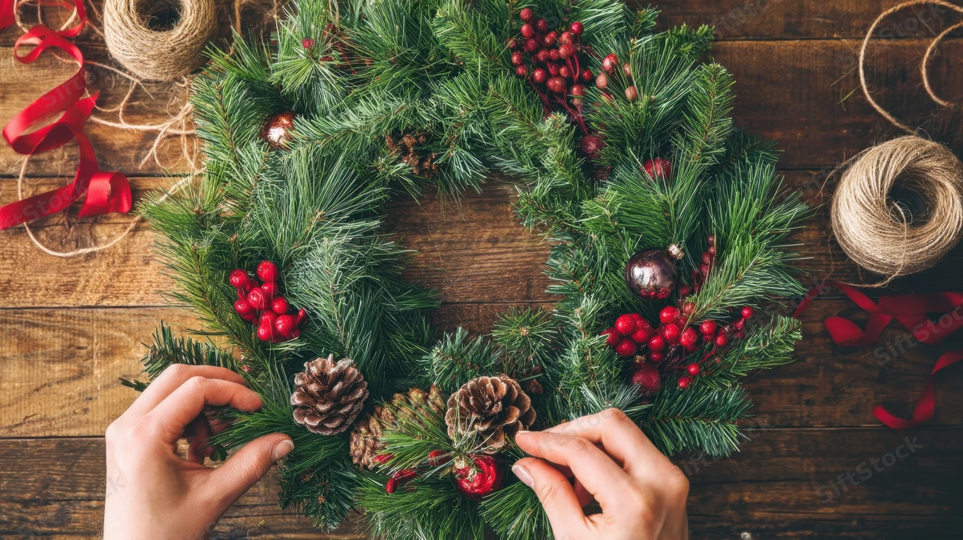Hands arranging a christmas wreath with pinecones and berries on a wooden table