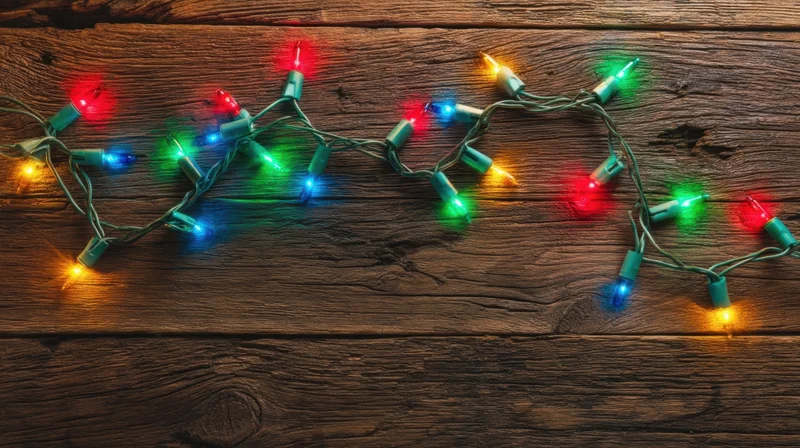 Colorful christmas lights arranged on dark wooden planks with copyspace below