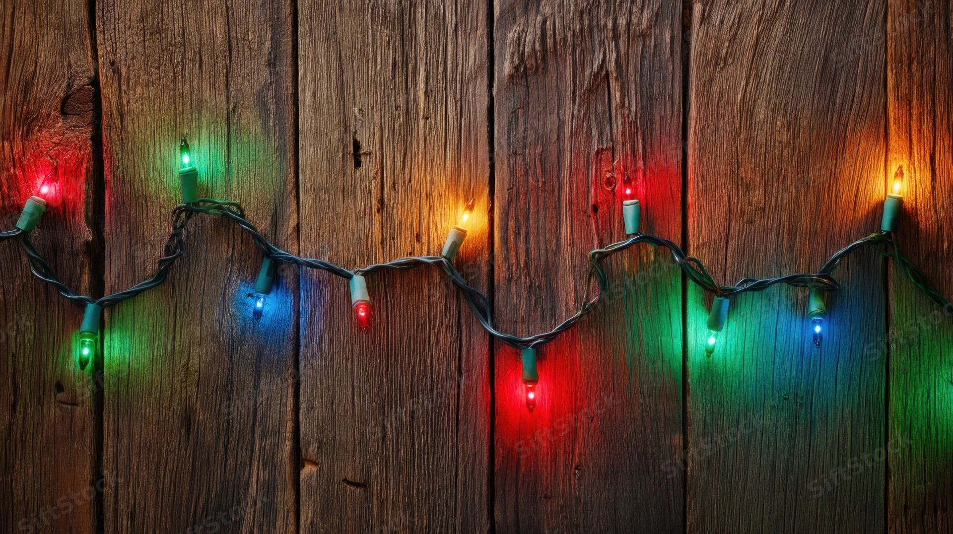 Colorful string lights glowing on a dark wooden wall