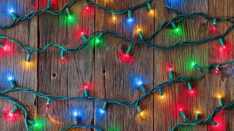 Colorful christmas lights strung across a rustic wooden background