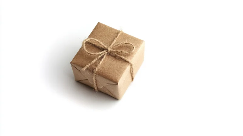 Small gift box wrapped in brown kraft paper with twine bow on white background