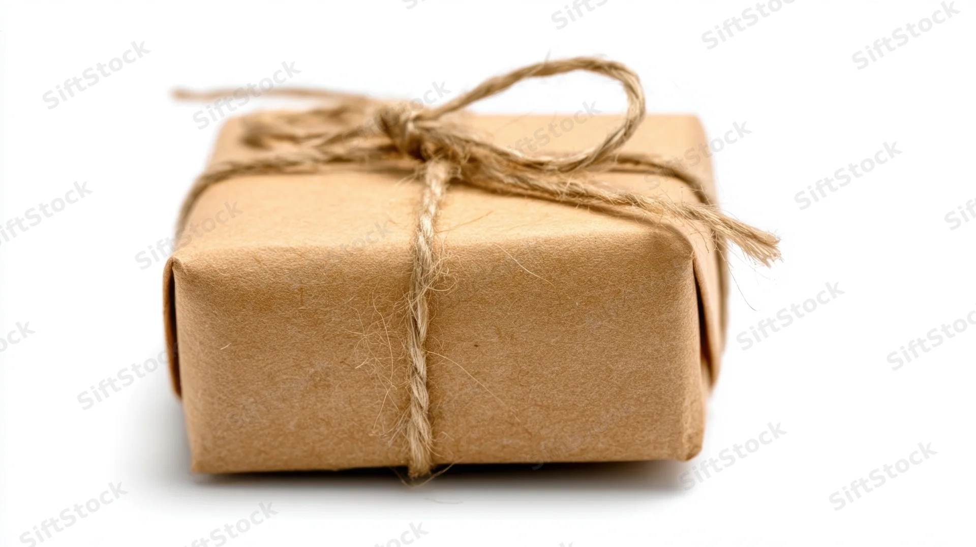 Small gift box wrapped in brown paper with twine bow on white background