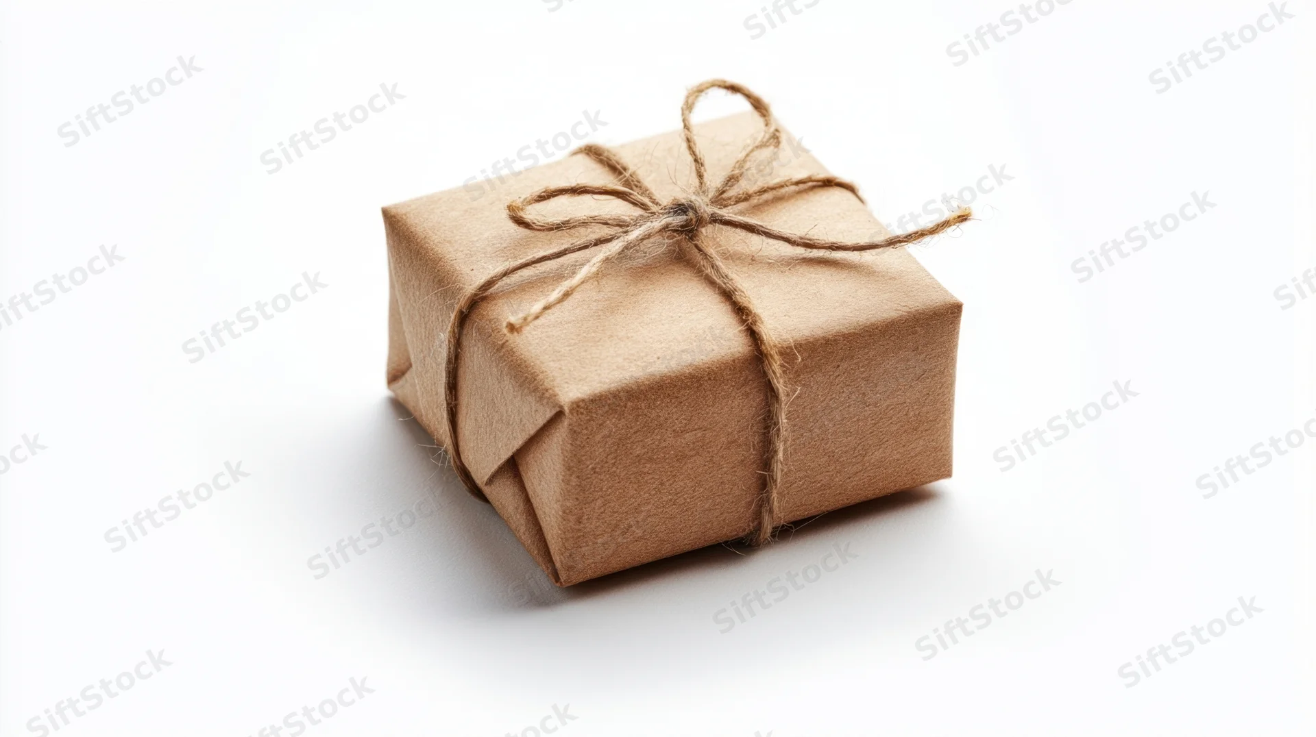 Small gift box wrapped in brown paper with twine bow on white background