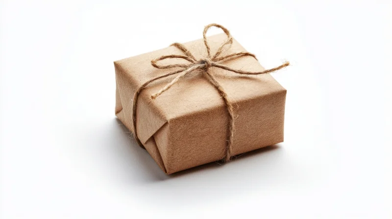 Small gift box wrapped in brown paper with twine bow on white background